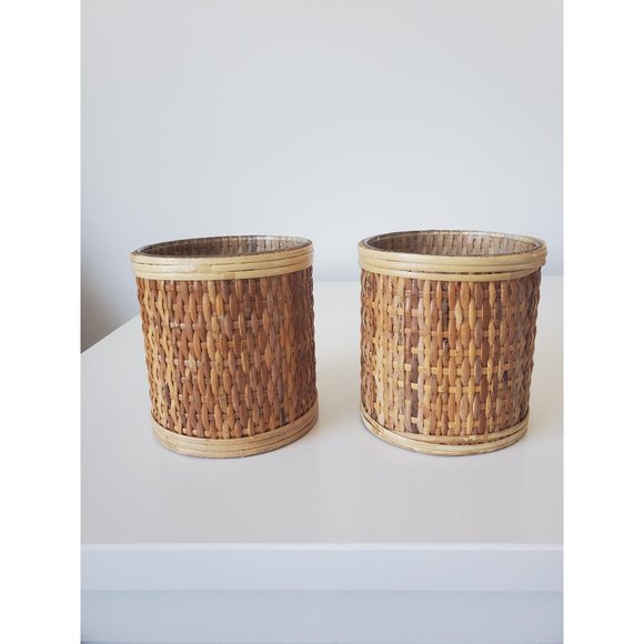 Glass Covered in Bamboo Rattan Pencil / Utensil Holder, Wicker Desk Decor - Picture 2 of 3